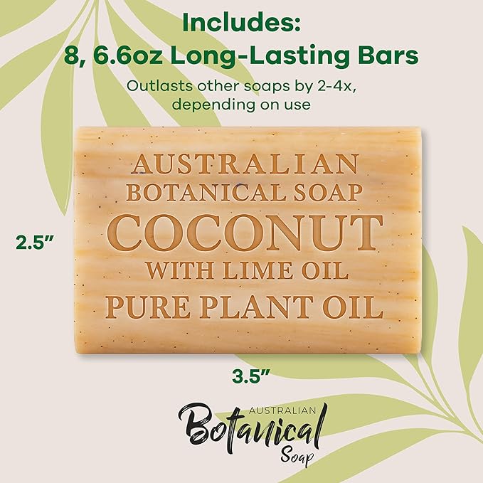 Australian Botanical Soap, 6.6 OZ, Coconut and Lime Oil, Triple Milled Bars made with a Natural Soap Base and Enriched with Organic Shea Butter, Pack of 8