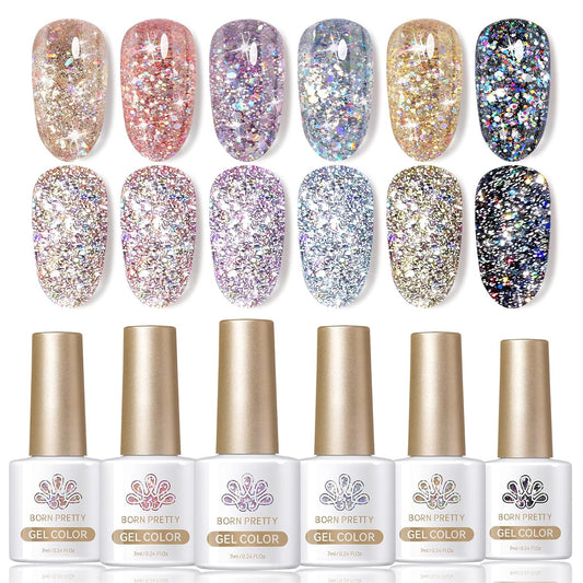 Born Pretty Glitter Gel Nail Polish, 6 Colors, Sparkle, Shiny, Disco Shine, UV Gel Nail Art Varnish, Manicure, DIY