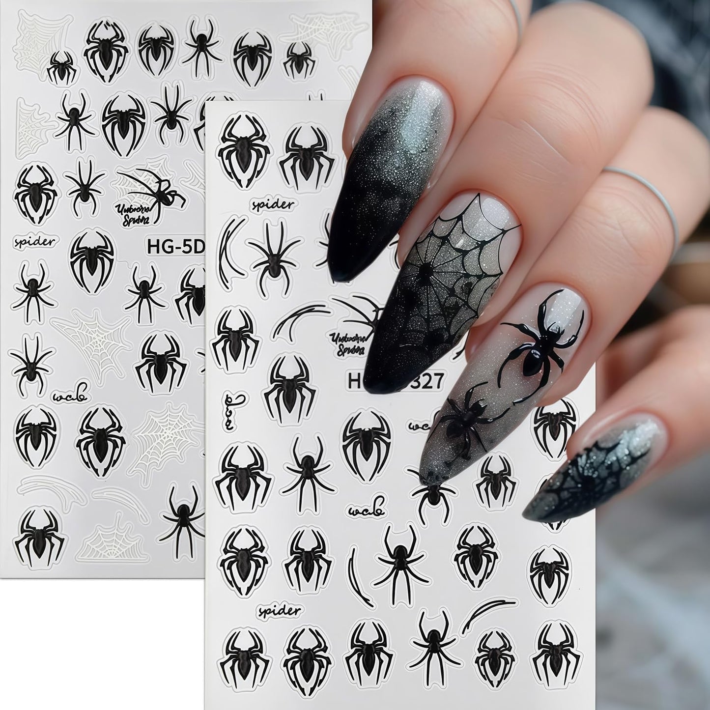 8 Sheets Halloween Nail Art Stickers Spider Nail Decals 3D Self-Adhesive Black and White Spider Web Spiders Nail Sticker Halloween Holiday DIY Salon Manicure Decoration Stickers for Women