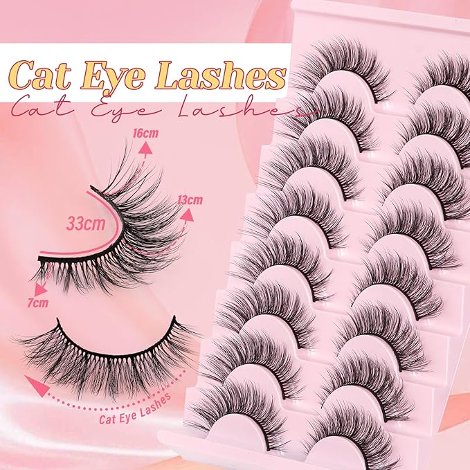 Ahrikiss Lashes Wispy False Eyelashes Natural Look Cat Eye Lashes 8 Pairs Faux Mink Lashes Lightweight Eyelashes Kit with Lash Glue and Lash Tweezers Soft Fake Lashes (Ethereal)