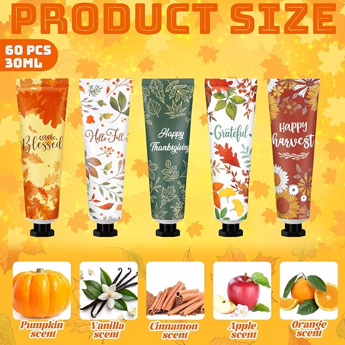 60 Pcs Fall Hand Lotion Bulk Gifts for Women Maple Leaves Hand Cream Gift Natural Botanical Fragrance Lotion for Chapped Hands 30ml Mini Travel Working Autumn Thanksgiving Party Supplies