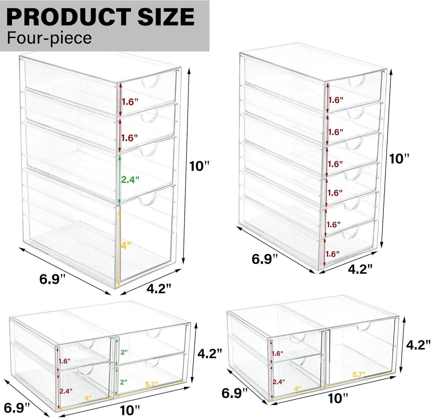 Prsildan Acrylic Drawer Organizer with 17 Drawers, Craft Office Desk Makeup Organizers Accessories, Set of 4 Clear Stackable Storage Drawers for Vanity, Countertop, Jewelry, Art Supply Organization
