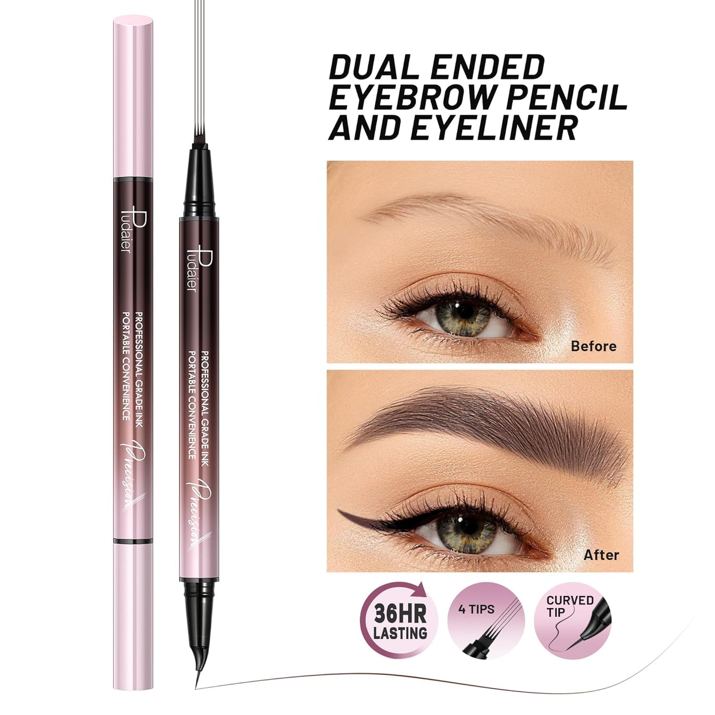 2 Pack Eyebrow Pen, Waterproof Microblading Eyebrow Pencil, 2-in-1 4 Tip Eye Brow Makeup Pen for Women with Precise Curved Brush-Tip Create Natural Hair-Like Brows, Last All-Day (Cool Brown)