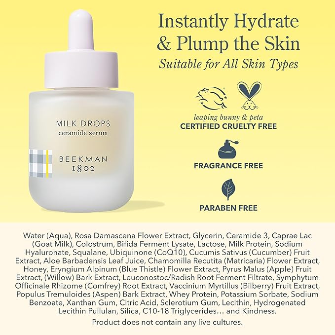 Beekman 1802 Milk Drops Ceramide Facial Serum - Squalane Oil, Hyaluronic Acid & Goat Milk Face Moisturizer - Boosts Skin Radiance & Hydrates Deeply - Fragrance Free, Cruelty Free