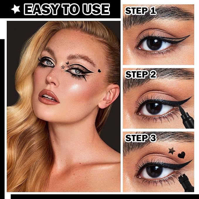 5PCS Black Liquid Eyeliner Stamps Set,Double-side Winged Eyeliner Stencil Pen,Waterproof Long Lasting Eye Liners Stamp Eyeliner Pencil Tattoo Makeup Tools with Heart,Flower,Star,Butterfly,Cone Shapes