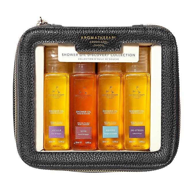 Aromatherapy Associates Mini Shower Oil Travel & Discovery Collection. 4 Premium Shower Oils (50ml each) and Handy Travel Case. Includes Revive, De-Stress, Muscle and Rose Blends (1 count)