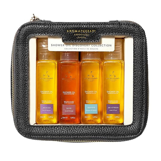 Aromatherapy Associates Mini Shower Oil Travel & Discovery Collection. 4 Premium Shower Oils (50ml each) and Handy Travel Case. Includes Revive, De-Stress, Muscle and Rose Blends (1 count)