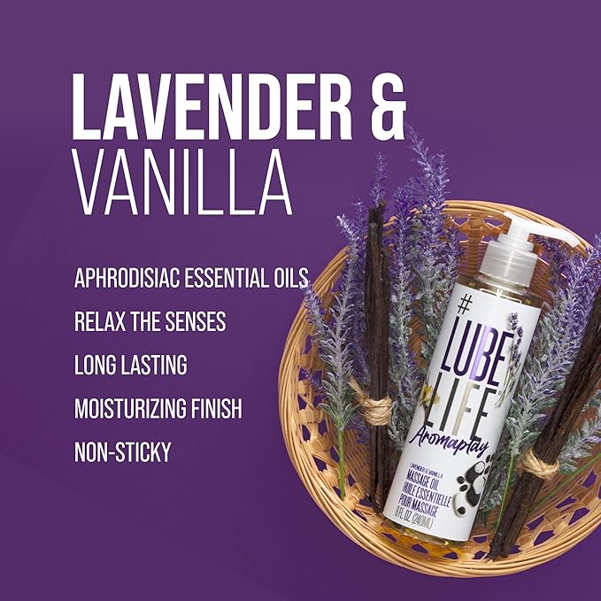#Lube Life Aromaplay Lavender and Vanilla Massage Oil, Aphrodisiac, Essential Oil for a Relaxing Full Body Aromatherapy Massage, 8 Fl Oz