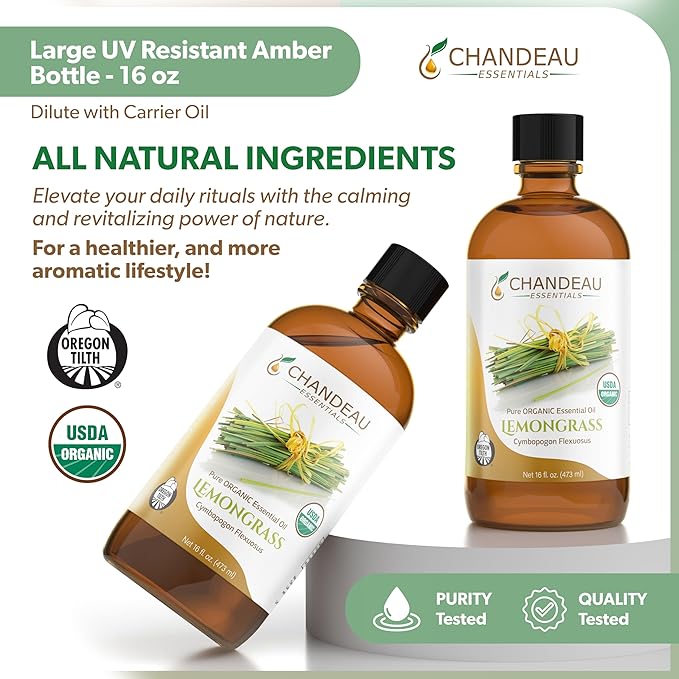 100% Pure Organic Essential Oil, Pure Lemongrass Essential Oil for Aromatherapy, Soap Making, Candles, Laundry, Perfume, Cleaners or Diffusers - Large Amber Glass Bottle, 16 oz.