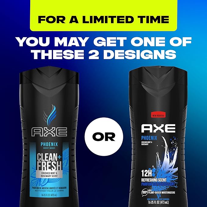AXE Body Wash Phoenix 4 Count 12h Refreshing Scent Crushed Mint & Rosemary Men's Body Wash with 100% Plant-Based Moisturizers 16 oz