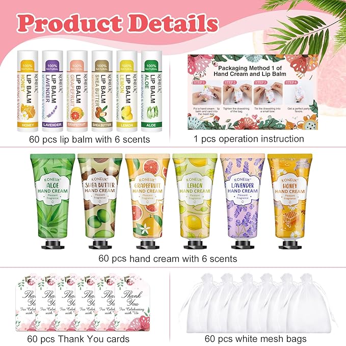 60 Pack Hand Cream Bulk and Lip Balm Bulk Sets, Bridal Shower Gifts, Bridesmaid Gifts and Baby Shower Party Favors for Guests, Employee Appreciation Gifts, Birthday Gifts and Small Gifts for Women