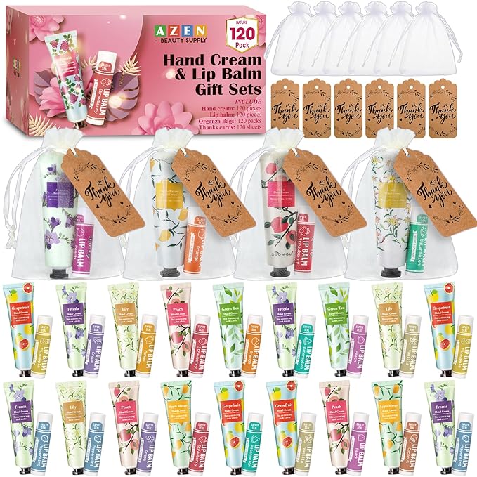 AZEN 120 Sets Bulk Gifts, Hand Cream and Lip Balm Bulk Set with Organza Bag Thank You Card, Baby Shower Wedding Gifts for Guests, Bridal Wedding Favors for Guests,Thank You Gifts for Women