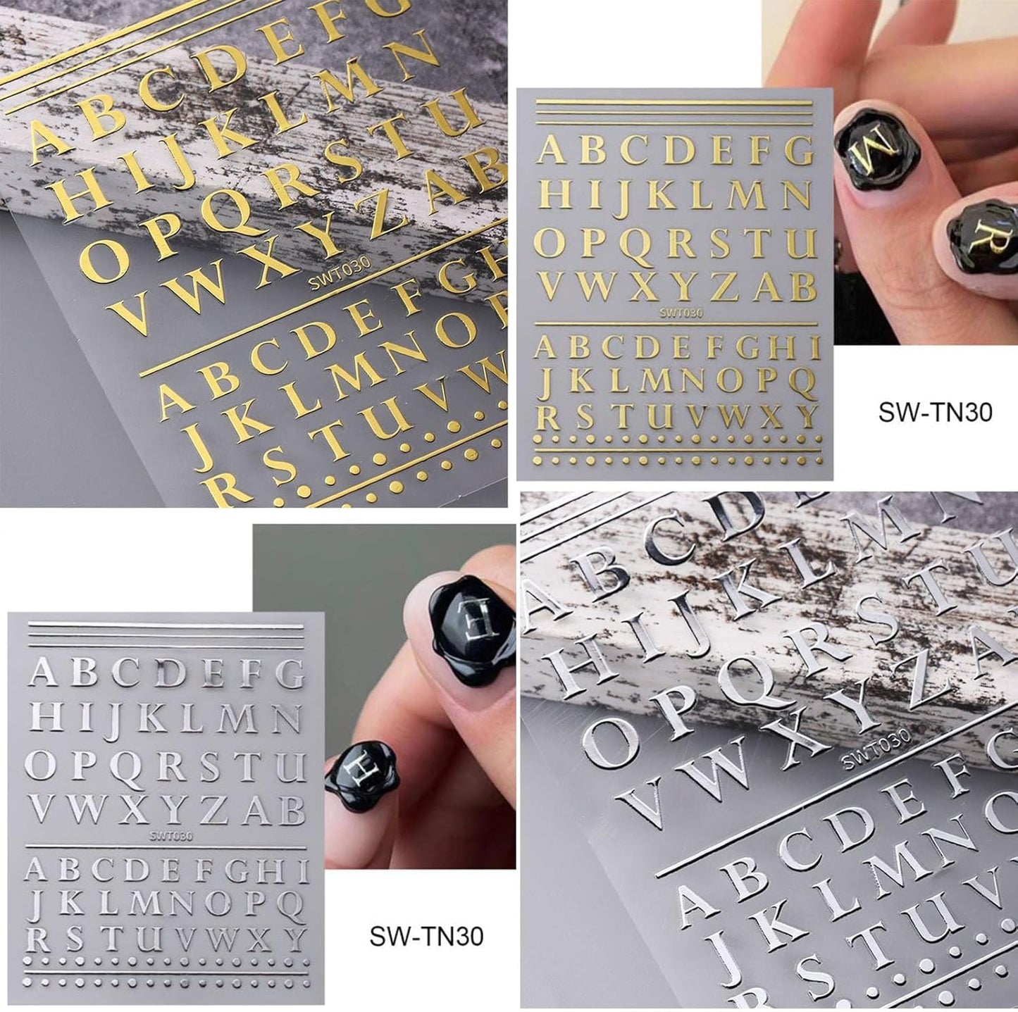 8 Sheets Letters Nail Stickers Decals Alphabet Numbers Nail Decals for Nail Art 3D Self-Adhesive Metallic Black Silver Gold Nail Art Stickers Supplies for Women Girls Nail Decoration Manicure