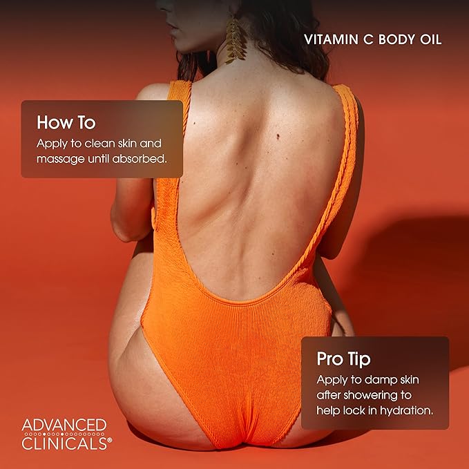 Advanced Clinicals Vitamin C Body Oil Skin Care Moisturizer W/Vitamin E & Turmeric - Hydrating Body Oil To Improve Look Of Dark Spots & Dry Skin, 12 Fl Oz