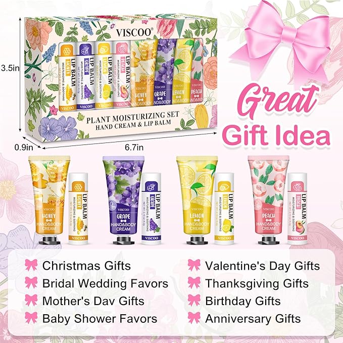 8 Pack / 4 Sets Lip Balm and Hand Cream Gifts for Women, Bridal Shower Gifts, Bridal Wedding Favors for Guests, Baby Shower Gifts for Guests, Thank You Gifts, Party Favors, Birthday Gifts