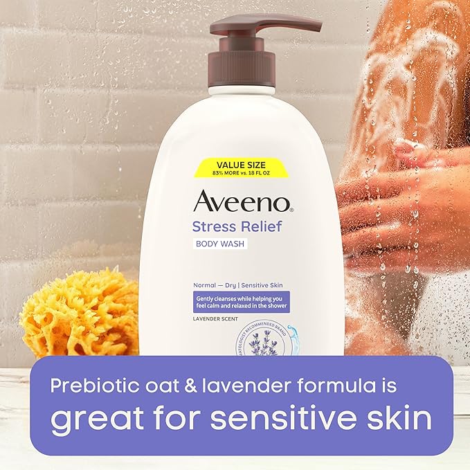 Aveeno Stress Relief Body Wash with Nourishing Oat & Lavender Scent for Sensitive Skin, Gently Cleanses & Helps You Feel Calm & Relaxed in the Shower, Soap-Free, 33 fl. oz