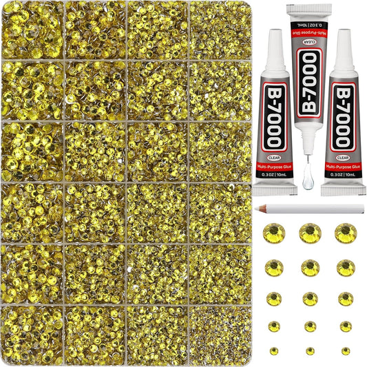 30000Pcs Resin Rhinestones Set for Crafting Bedazzling, Yellow Flatback Gems Jewels for Crafts Clothes Shoes Fabric Outfit Makeup, Flat Back Crystal 2-6mm with b 7000 Glue