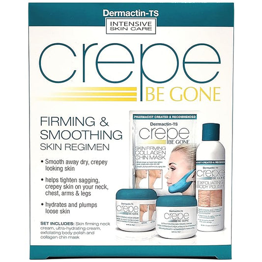 Dermactin-TS Crepe Be Gone Firming & Smoothing Skin Regimen 4-PC Set - Includes Skin Firming Neck Cream, Hydrating Skin Firming Soufle, Exfoliating Body Polish & Collagen Chin Mask