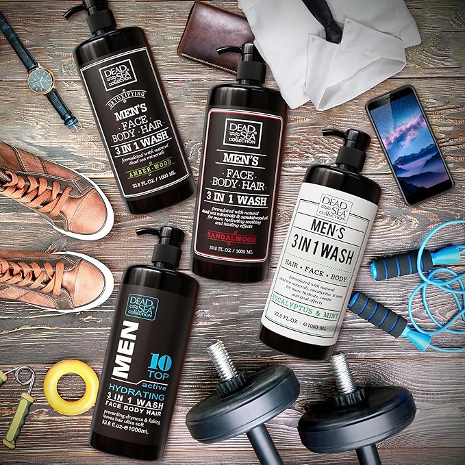 Dead Sea Collection Mens Body Wash 3 in 1 – Amber Wood Body Wash for Men – Shower Gel – Shampoo – Shower Soap for Face and Hair (33.8 Fl. Oz)