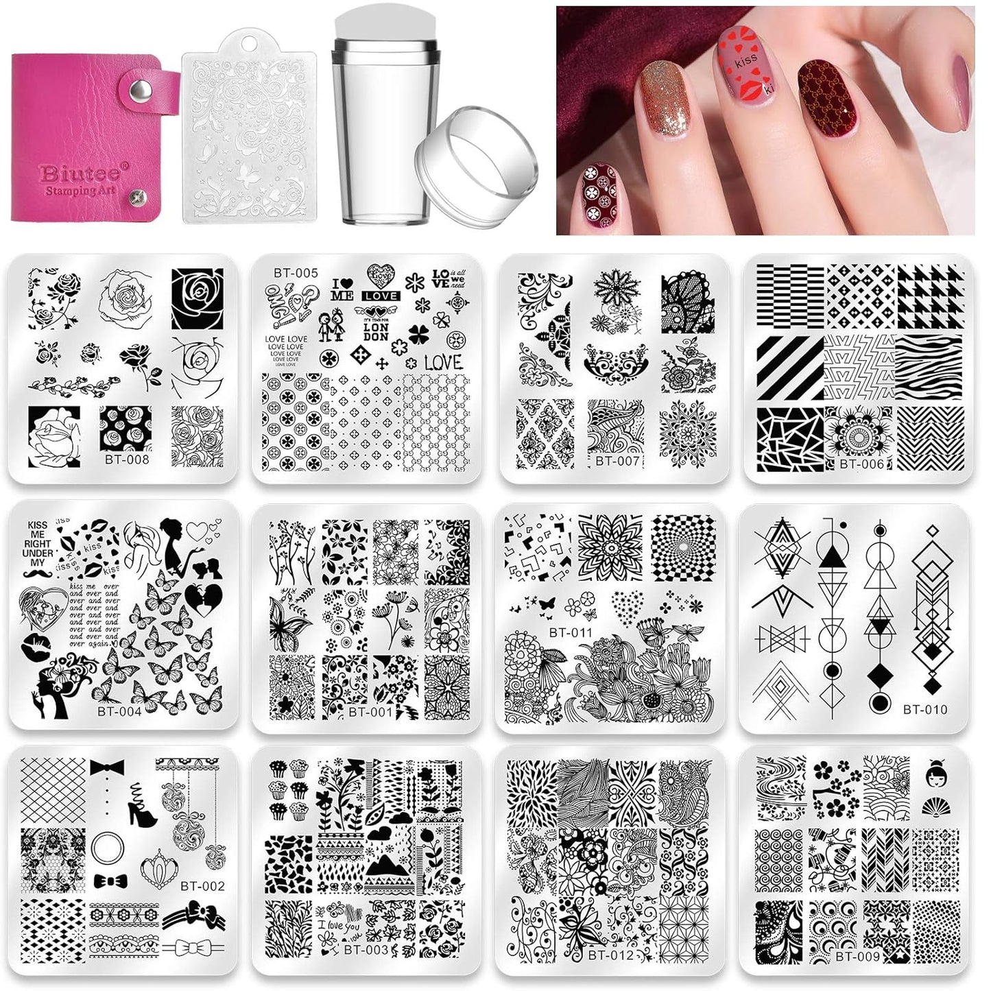 Biutee Nail Stamper Kit Nail Art Stamping Plate Set Stamping Polish Gel Stamp Plate Jelly Silicone Stamper Scraper Flower Lace Line Kiss Stencil Template Tool Supplies for Holiday (Storage Bag)