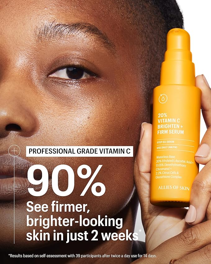 Allies of Skin 20% Vitamin C Serum | Daily Glow & Firming Face Serum | Lightweight Waterless Formula Treats Uneven Tone & Spots | Anti-Aging Support for Smooth, Radiant Skin (1 oz)