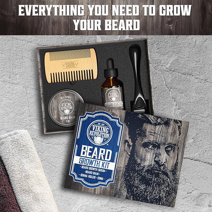 Beard Growth Kit - Oil, Balm, Serum, Derma Roller & Wooden Comb for Beard & Mustache Growth