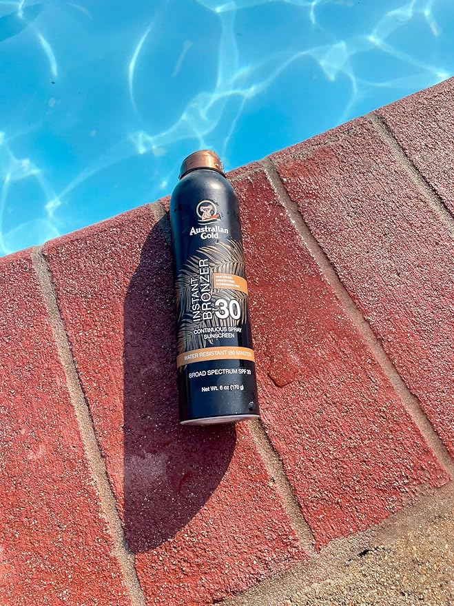 Australian Gold Continuous Spray Sunscreen with Instant Bronzer SPF 30, Immediate Glow & Dries Fast Water Resistant NonGreasy Oxybenzone Free Cruelty Free, Bronzer New, Orange, 6 Oz