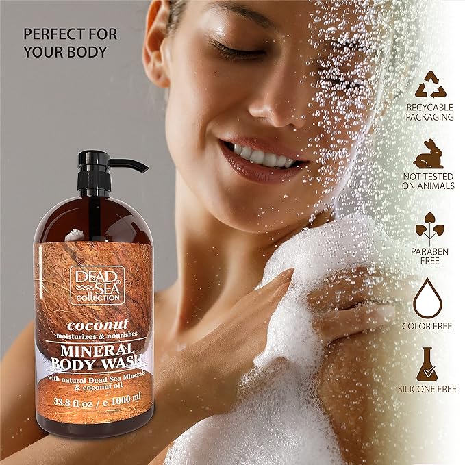Dead Sea Collection Coconut Body Wash for Women and Men - with Pure Dead Sea Minerals and Coconut Oil - Cleanses and Moisturizes Skin (33.8 fl. oz)