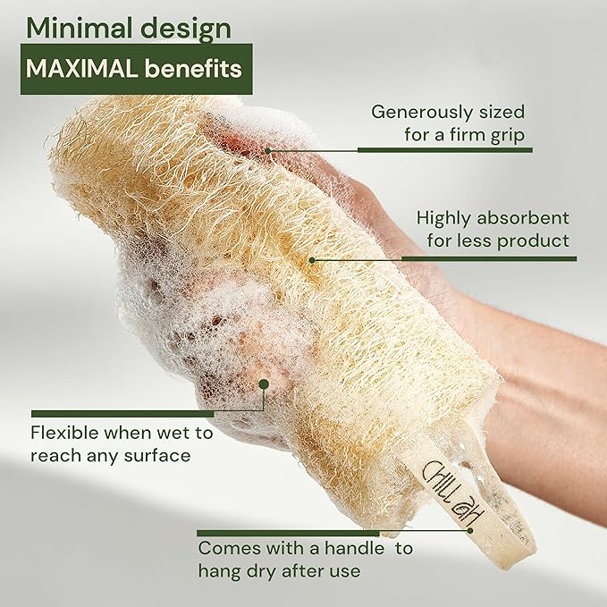 Chill Ah Green Glow Loofah Sponge Set – 100% Plant-Based, Dye-Free, Biodegradable, Scratch-Free, Handcrafted in Vietnam (2-Pack)