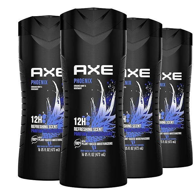 AXE Body Wash Phoenix 4 Count 12h Refreshing Scent Crushed Mint & Rosemary Men's Body Wash with 100% Plant-Based Moisturizers 16 oz