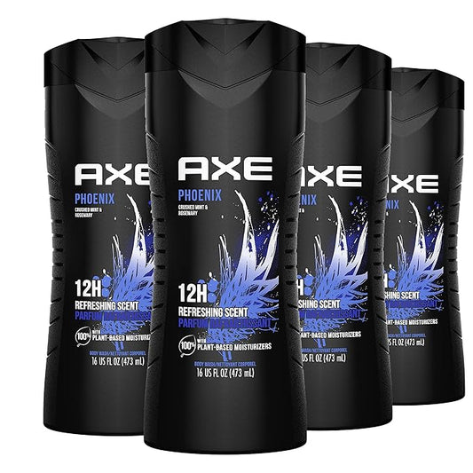 AXE Body Wash Phoenix 4 Count 12h Refreshing Scent Crushed Mint & Rosemary Men's Body Wash with 100% Plant-Based Moisturizers 16 oz