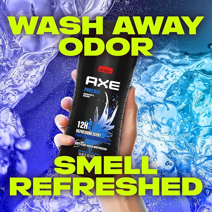 AXE Body Wash Phoenix 4 Count 12h Refreshing Scent Crushed Mint & Rosemary Men's Body Wash with 100% Plant-Based Moisturizers 16 oz