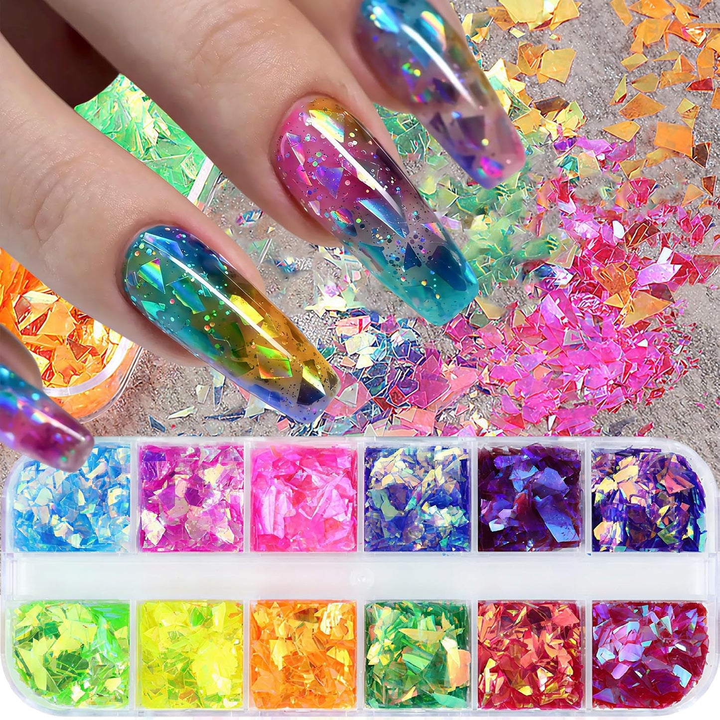 12Grids Holographic Mermaid Colorful Nail Art Glitter,Irregular Rainbow Candy Color Nail Art Flakes Sequins Gradient Bright Ice Slag Nail Sequins Summer Metallic Foil Nail Supplies DIY Nail Decoration