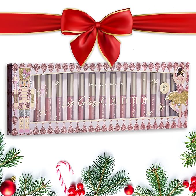 Beauty Concept 15-Piece Lip Gloss Set - Radiant Lips with Glossy Heavy Embossing, Shiny Gold Foil Stamping - 0.7 fl oz Each in Pink Nutcracker