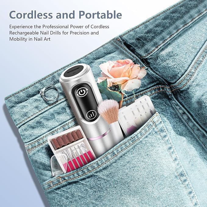 Cordless Nail Drill Electric Rechargeable File Kit, Professional Efile Acrylic Gel Nail Polish Remover Pedicure Manicure Machine Portable Set with 11 Bits 56 Sanding Bands for Salon (Silver)