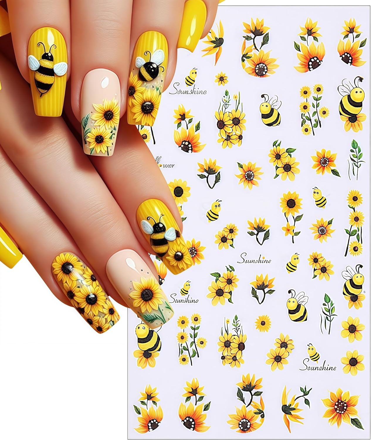 6 Sheets Bee Flower Nail Art Stickers 3D Self Adhesive Sunflower Stickers Yellow Floral Daisy Decals Spring Summer Nails Art Supplies Accessories for Women Girls DIY Manicure Decoration