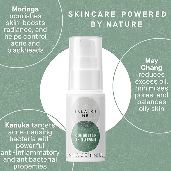 Balance Me Congested Skin Serum, Natural Acne Treatment for Face with Kanuka & Moringa, Non-Drying Spot Serum for Oily, Combination & Sensitive Skin (1 x 0.5 fl oz)