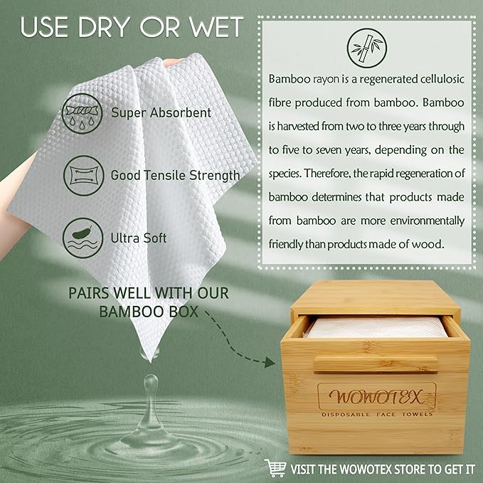 Bamboo Viscose Disposable Face Towel Biodegradable Large Dry Face Wipes 120 Count Extra Thick Soft Clean Facial Towels for Sensitive Skin, Makeup Removing, Facial Cleansing