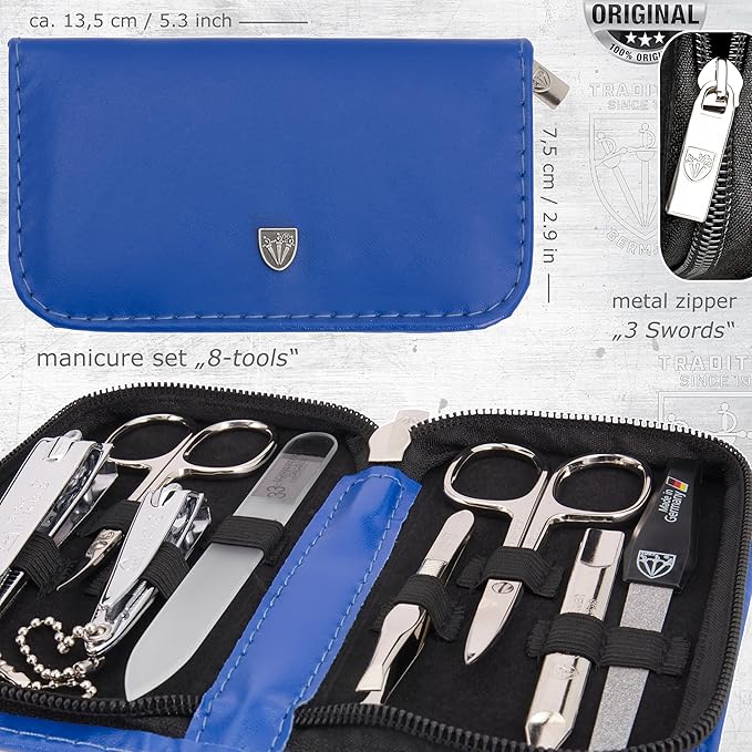 3 Swords Germany - brand quality 8 piece manicure pedicure grooming kit set synthetic leather case blue - Made in Germany