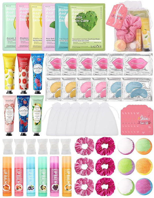 60PCS Spa Party Supplies for Girls, Include Facial Masks, Lip Mask, Under Eye Patches, Lip Balm, Foot Bath Bombs, Hand Cream, Compressed Towel, Hair Band, Sleepover Party Supplies for Girls