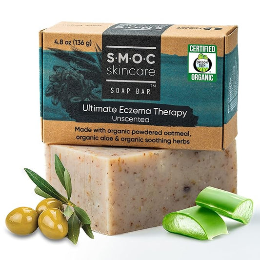 Certified Organic Eczema Soap Bar — Unscented with Oatmeal, Aloe, Extra Virgin Olive Oil, & Cocoa Butter — for Children & Adults — for Face & Body — Relieves Eczema, Psoriasis, Dry Skin (1)