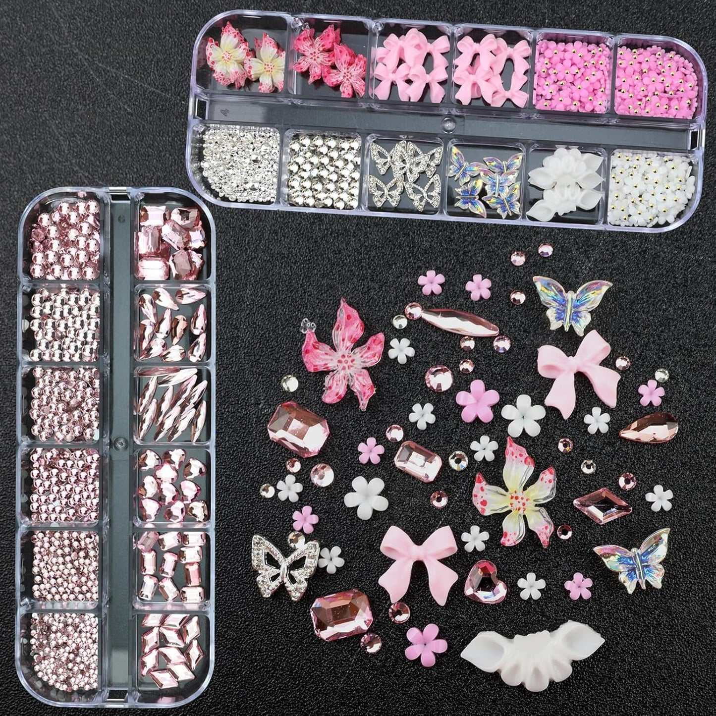 4 Boxes Pink Nail Gems Bow Flower Nail Charms for Acrylics - Irregular Crystals, Nails Rhinestone & Accessories for Women Nails Art Design Nails Decor(Pink)