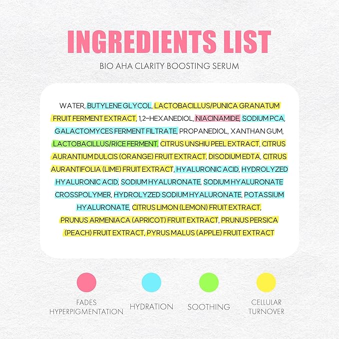 Bio-AHA Clarity Boosting Face Serum 50ml | Korean Serum w/Mild Exfoliation Fruit-Based Lactic Acids, Probiotics & Niacinamide