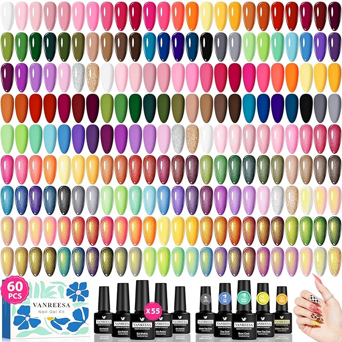 VANREESA 60 Pcs Gel Nail Polish Set, 55 Colors Gel Polish with Base Coat & 4 Effects Top Coat Full-Color Gel Polish Set All Seasons Nail Kit Gifts for Women Girls Nail Salon at Home