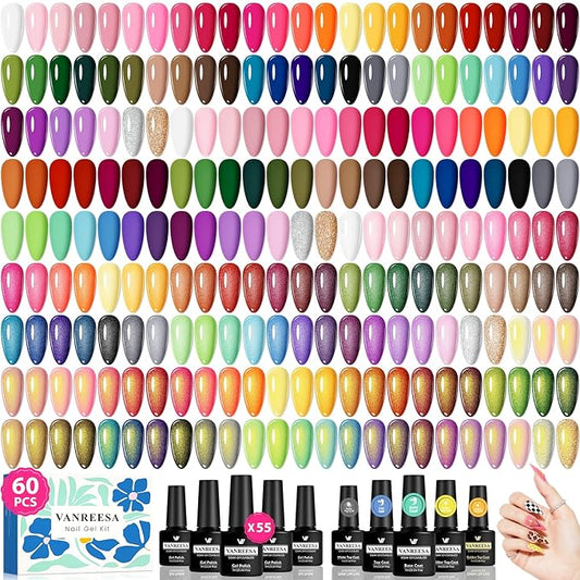 VANREESA 60 Pcs Gel Nail Polish Set, 55 Colors Gel Polish with Base Coat & 4 Effects Top Coat Full-Color Gel Polish Set All Seasons Nail Kit Gifts for Women Girls Nail Salon at Home