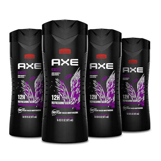 AXE Body Wash 4 Count 12h Refreshing Scent Excite Crisp Coconut & Black Pepper Men's Body Wash with 100% Plant-Based Moisturizers 16 oz