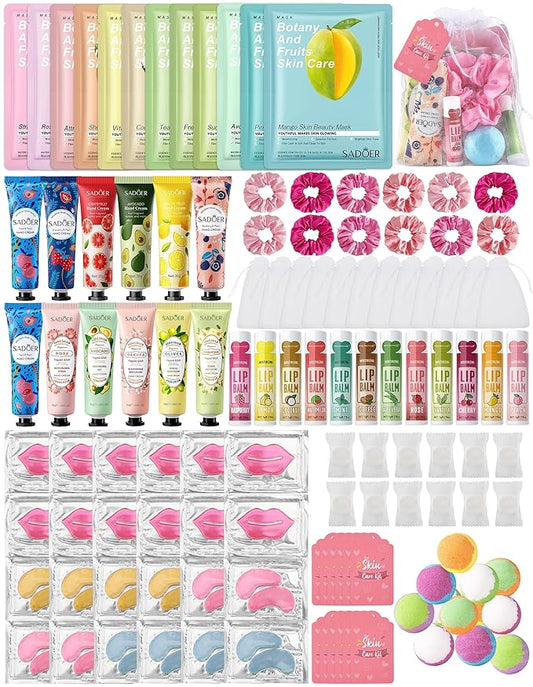 120PCS Spa Party Supplies for Girls, Include Facial Masks, Lip Mask, Under Eye Patches, Lip Balm, Foot Bath Bombs, Hand Cream, Compressed Towel, Hair Band, Sleepover Party Supplies for Girls