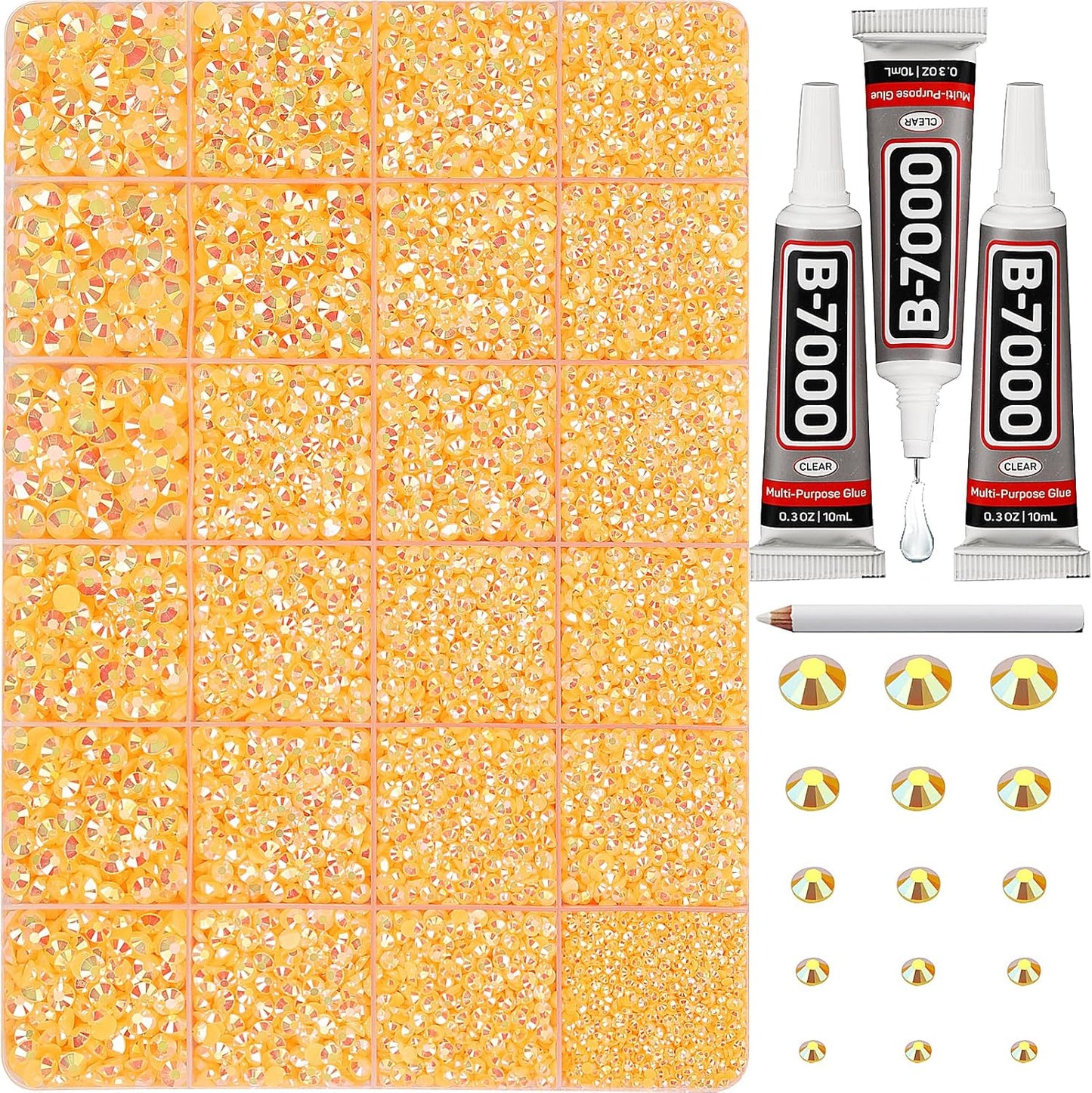 30000Pcs Resin Jelly Rhinestones Set for Crafting Bedazzling, Orange Yellow AB Flatback Gems Jewels for Crafts Clothes Shoes Fabric Outfit Nails Makeup, Flat Back Crystal 2-6mm with b 7000 Glue