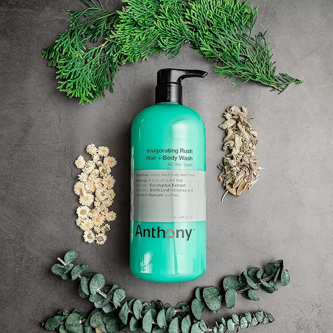 Anthony Mens Body Wash and Shampoo: Invigorating Rush 2-In-1 Liquid Gel Soap & Hair Shampoo, Pine Wood Scent, Hydrating with Eucalyptus, Canadian Balsam, Birch Leaf, Charcoal, Sea Kelp, 32 Fl. Oz