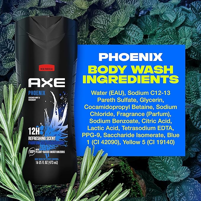 AXE Body Wash Phoenix 4 Count 12h Refreshing Scent Crushed Mint & Rosemary Men's Body Wash with 100% Plant-Based Moisturizers 16 oz